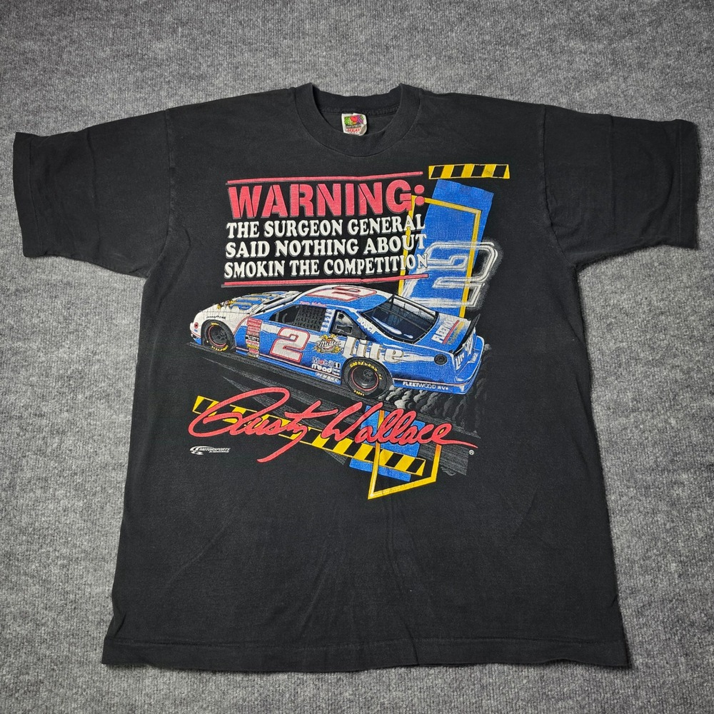 Vintage Rusty Wallace NASCAR Miller Lite Smokin T Shirt Mens XL Black 90s Single
